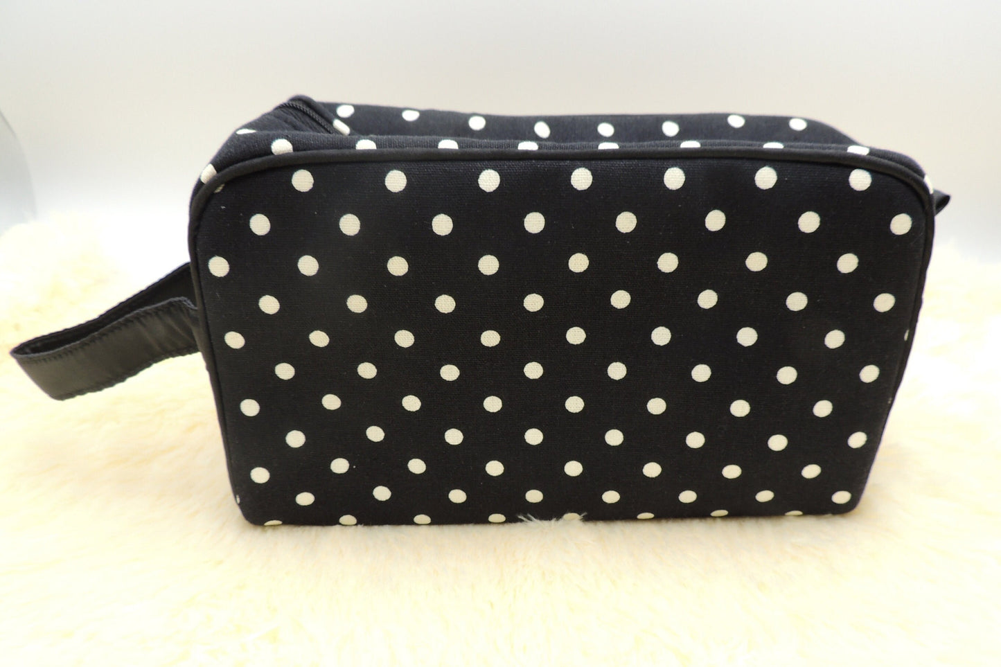 Stylish Handmade Cosmetic Bag with Handle - Canvas and Japanese Cotton in Red Check and Black Dots Prints