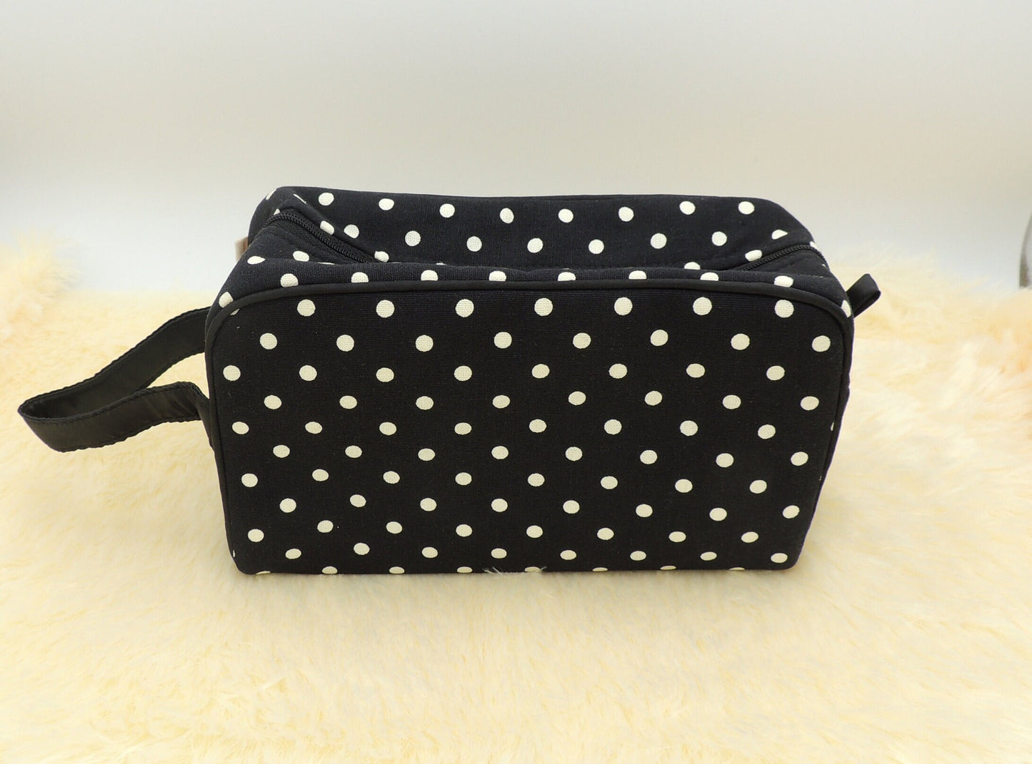 Stylish Handmade Cosmetic Bag with Handle - Canvas and Japanese Cotton in Red Check and Black Dots Prints