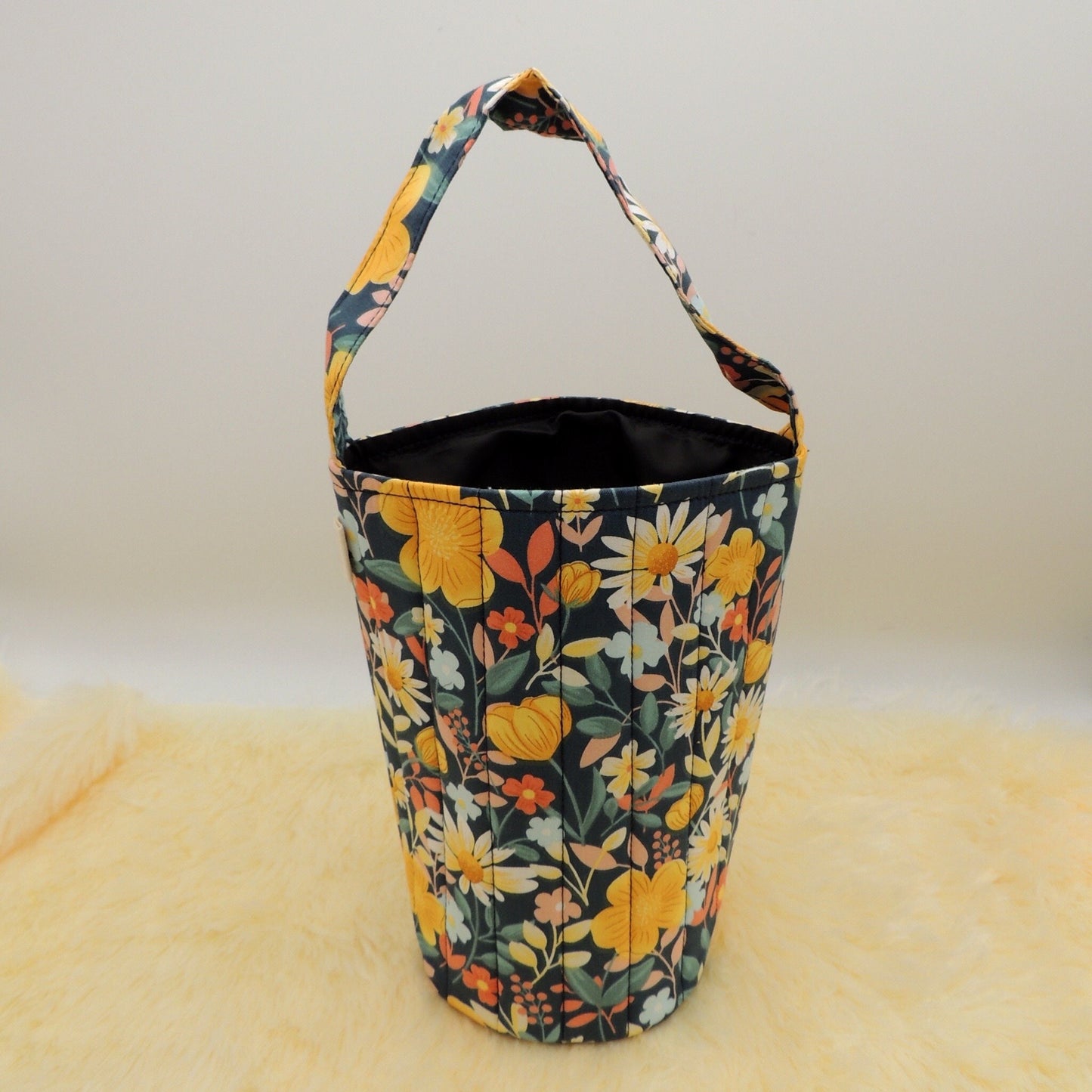 Handmade Reusable Drink or Water Bottle - Wine Bottle Carrier or Gift Bag in Daisy and Yellow Flowers on Blue Pattern