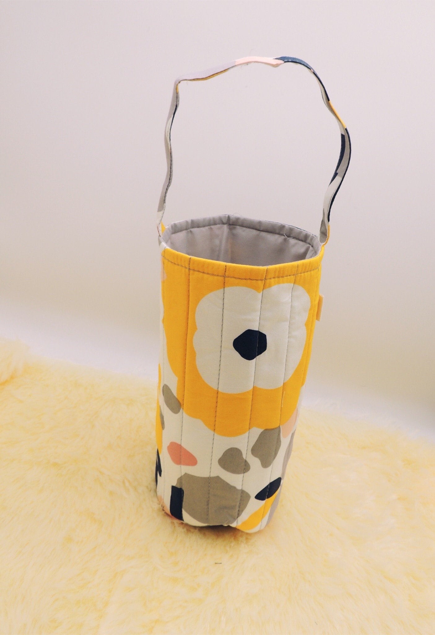 Handmade Reusable Drink or Water Bottle - Wine Bottle Carrier or Gift Bag in Bold Yellow and Gray  Flower on White Pattern