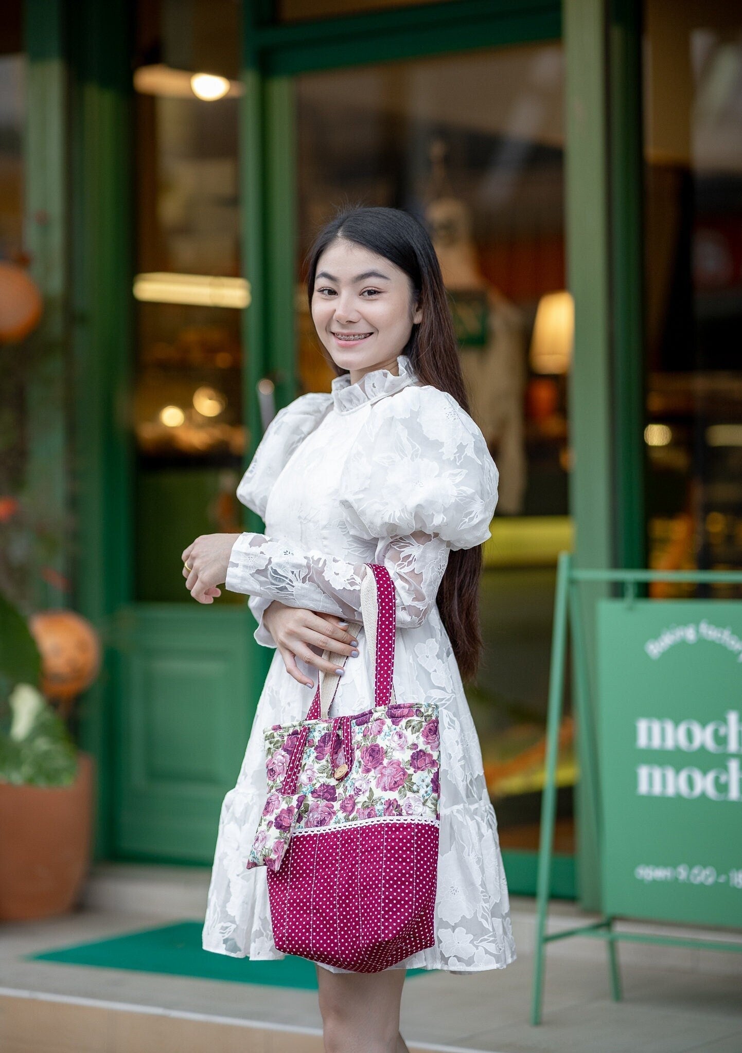 Thai Girl with Handmade Shoulder Bag - Elegant Rose Flower and Polka Dot Design Red Rose and Polka Dot Pattern