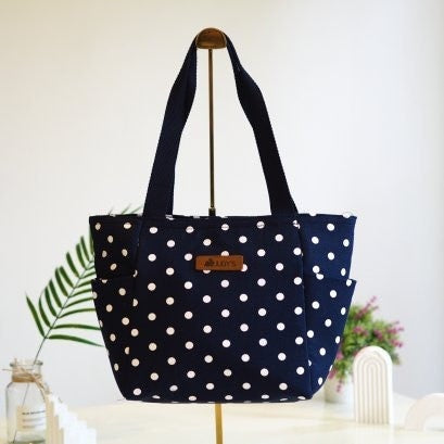 Handmade Shopping Basket Tote  - Stylish and Spacious - in Black with White Polka Dot Pattern