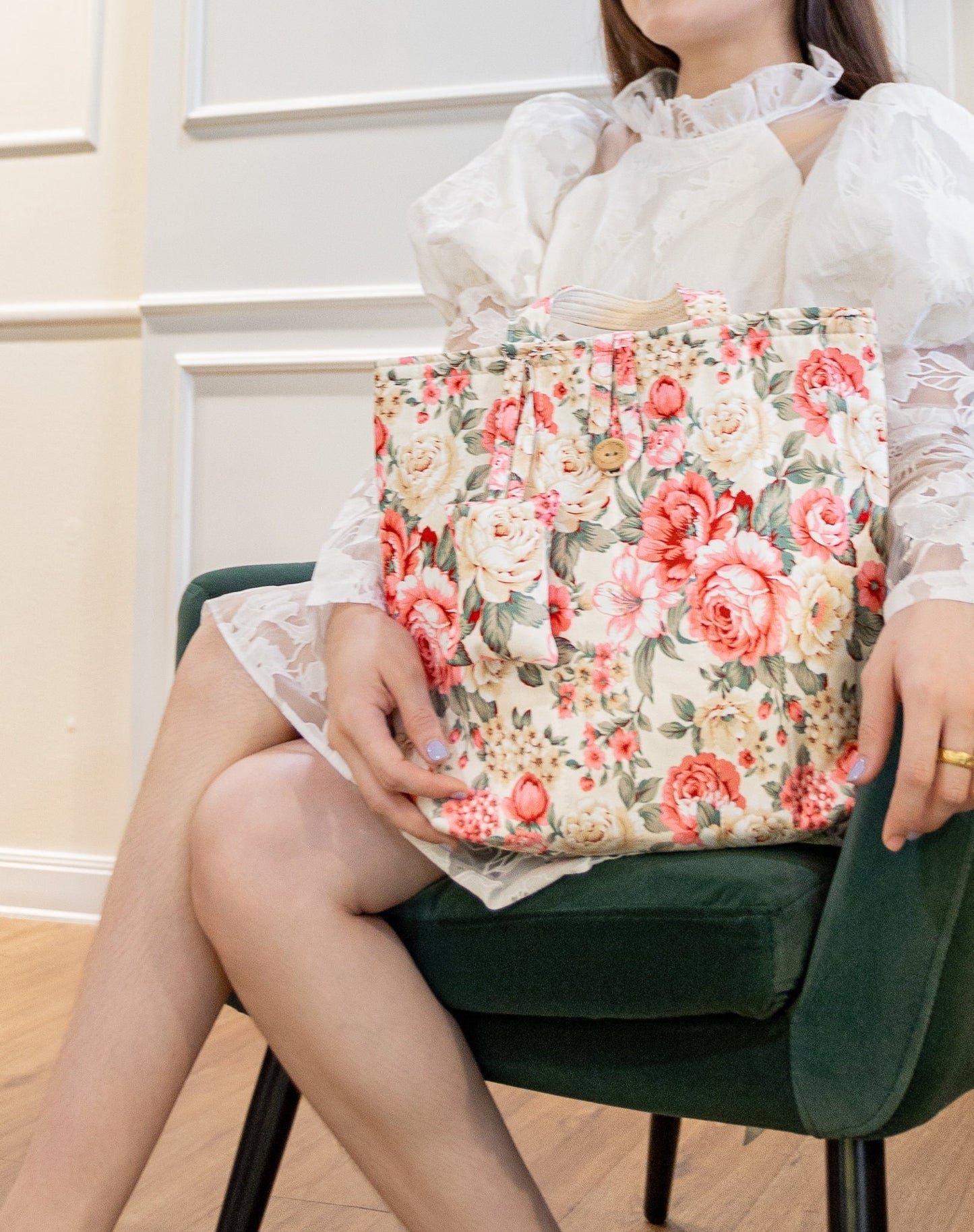 Handmade Handbag - Floral Elegance in Pink Rose on White pattern