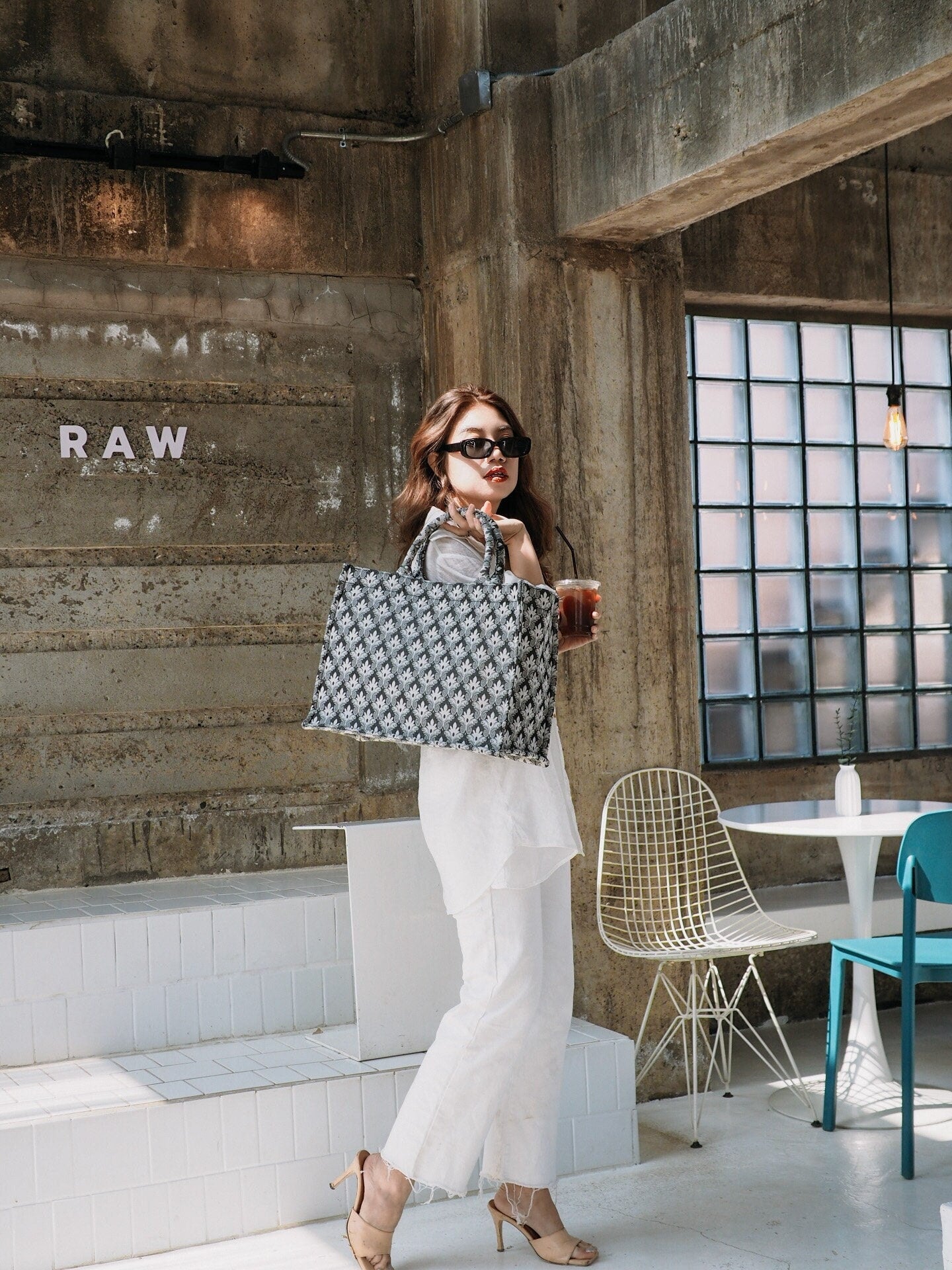 Girl holding Premium Woven Black and Silver Fleur-de-lis Pattern Large Tote Bag