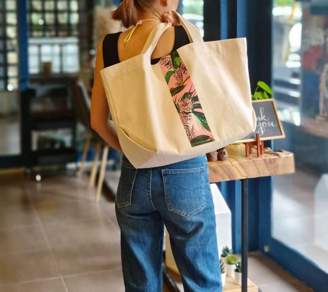 Oversize Handmade Canvas Tote Bag with Bold Graphic Trim with Pink Cheetah Graphic