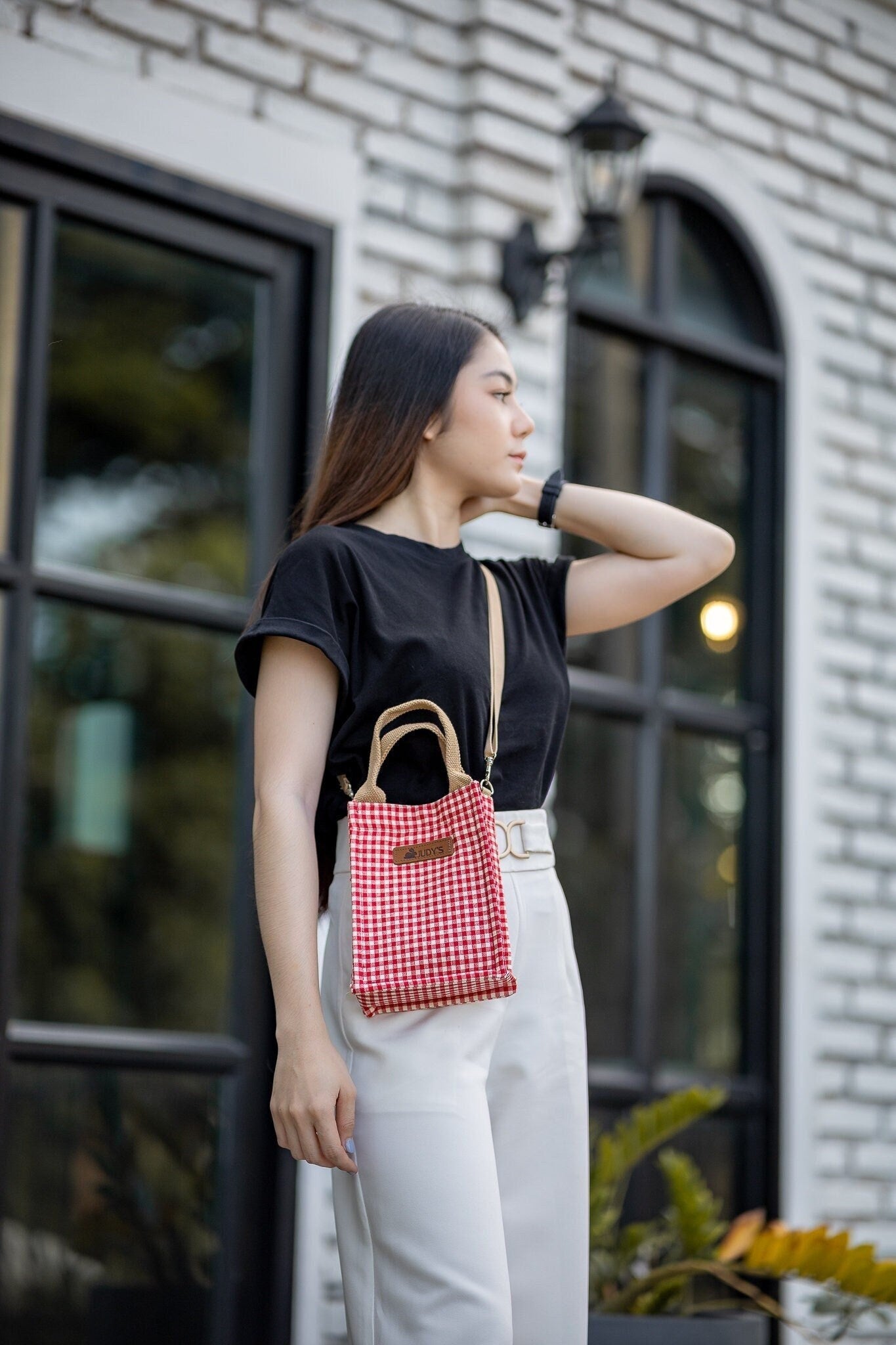 Handmade Canvas Crossbody Bag - Compact and Stylish in Red White Check Pattern