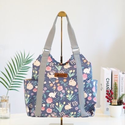 T-Shirt Style Shoulder Tote Bag - Chic Design in Rabbits and Plants on Grey  Pattern