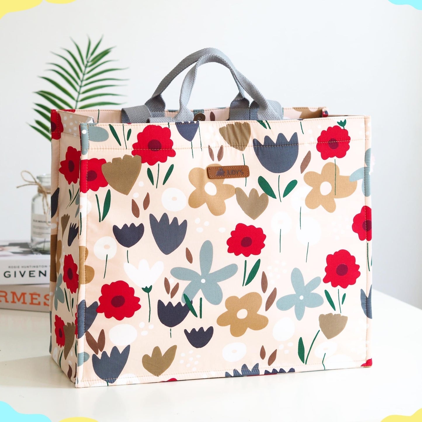 Jumbo Shopping Bag - Unique Floral and Bold Prints - Shown in Tulips in Red and Blue on White Pattern.