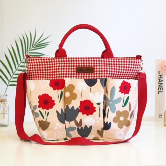 7 Compartment Tote Bag - Stylish and Functional in Red and White Check and Colorful Flower Pattern