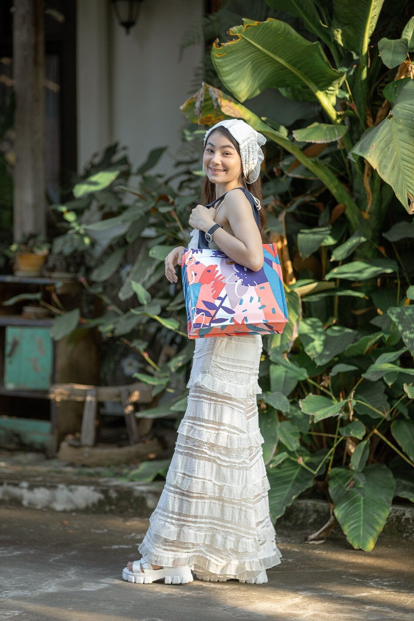 Thai Girl with Square Shopping Bag in Beautiful Canvas and Japanese Cotton Fabric - In Jungle Print.