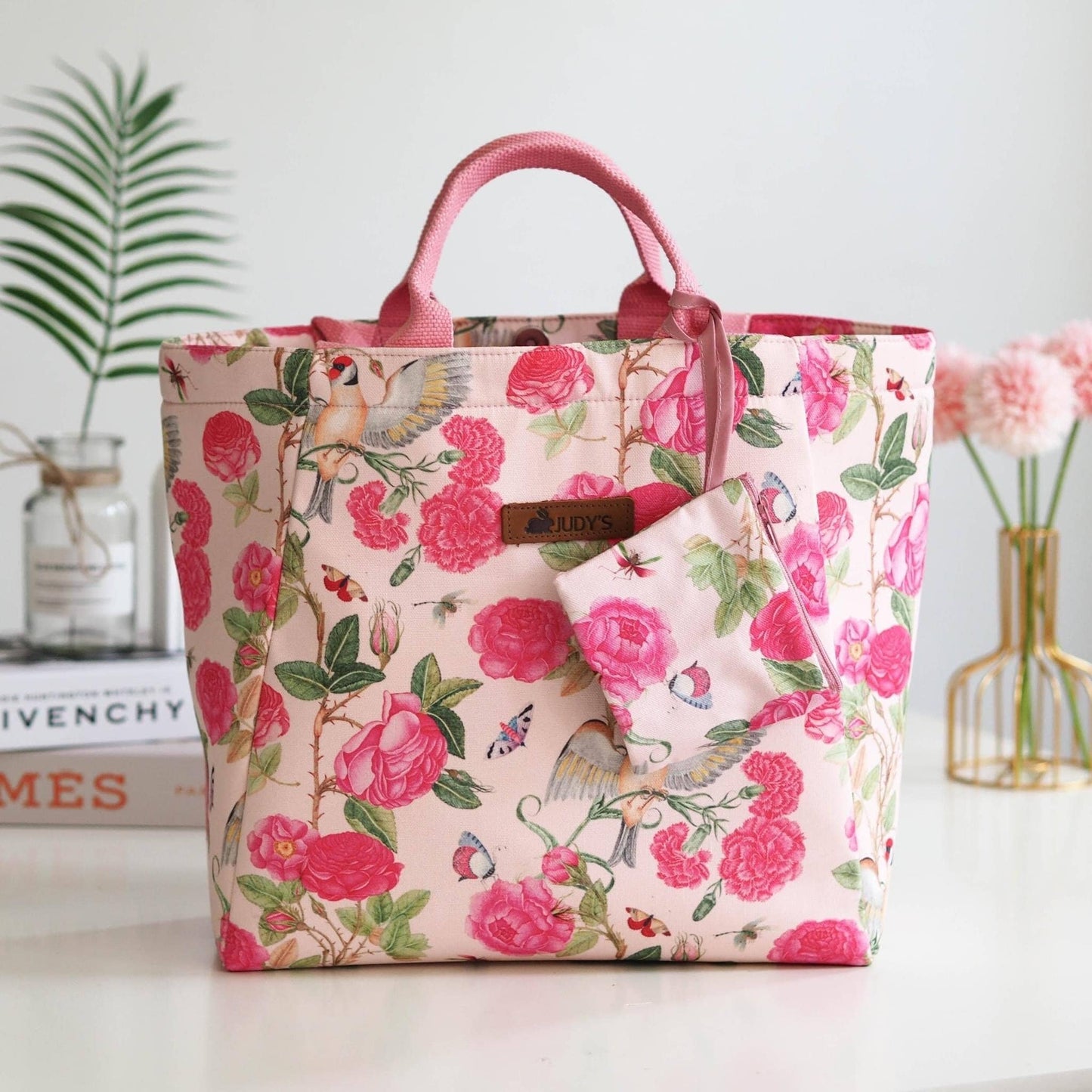 Handmade Flowers Premium Shopping Bag in Pink Flowers on Pink Pattern